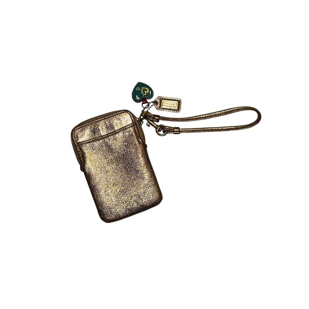 Vintage Coach poppy Metallic Gold Leather Wristlet Pouch Charm Heart Accent